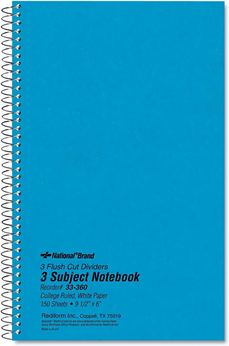 Rediform National 33360 3 Subject Wirebound Notebook College Rule 6 x 9 1/2 White 150 Sheets
