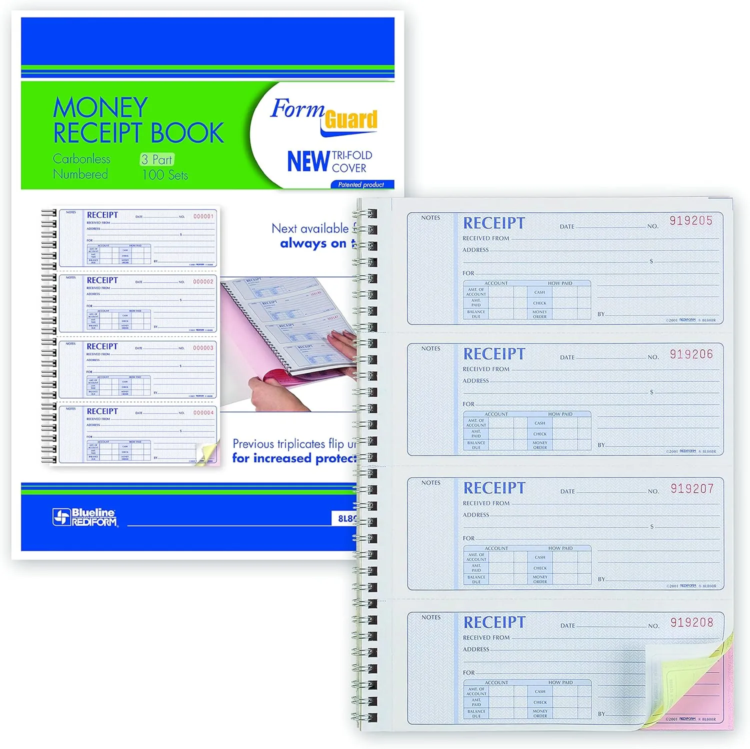 Rediform FormGuard Money Receipt Book, 3-Part Carbonless, 4x100 Receipts, 7 5/8 x 8 1/2 in (8L808R)