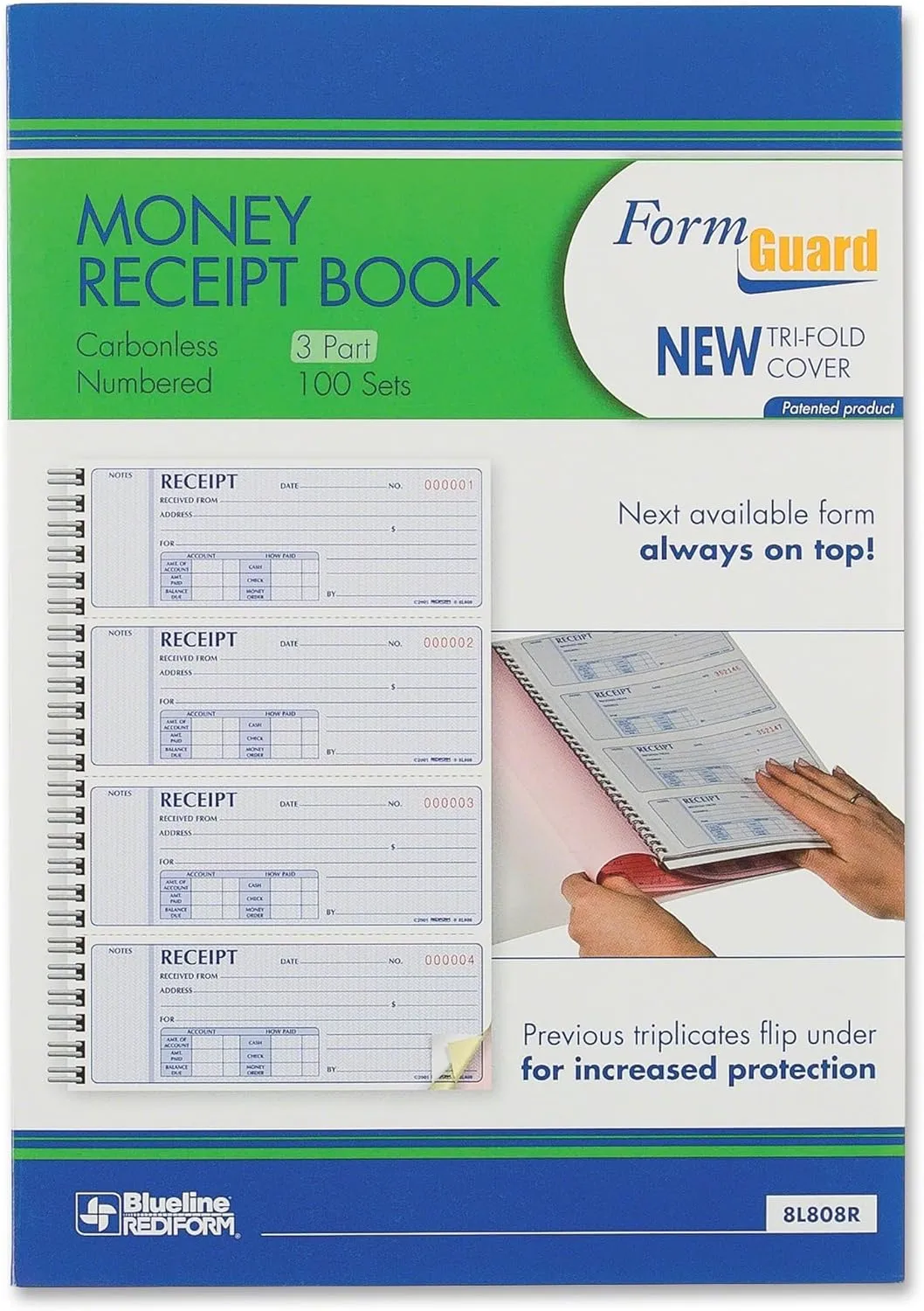 Rediform FormGuard Money Receipt Book, 3-Part Carbonless, 4x100 Receipts, 7 5/8 x 8 1/2 in (8L808R)