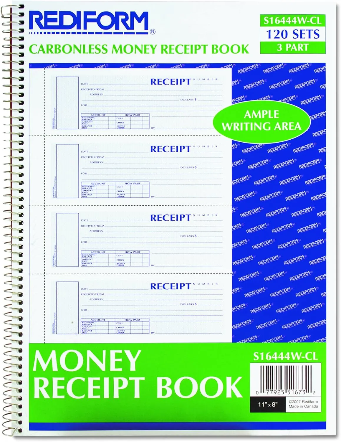Rediform S16444WCL Spiralbound Unnumbered Money Receipt Book, 7 x 2 3/4, Three-Part, 120 Sets/Book