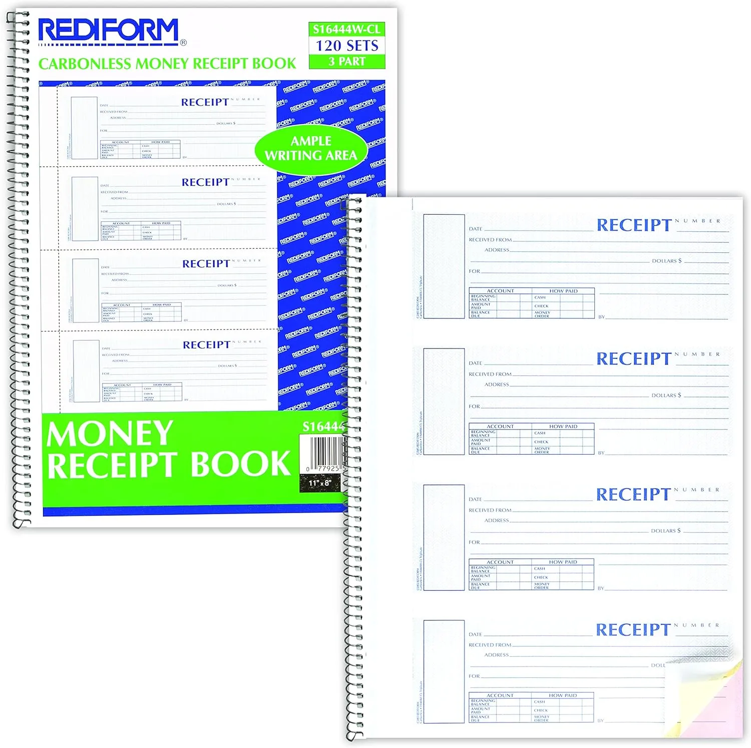 Rediform S16444WCL Spiralbound Unnumbered Money Receipt Book, 7 x 2 3/4, Three-Part, 120 Sets/Book