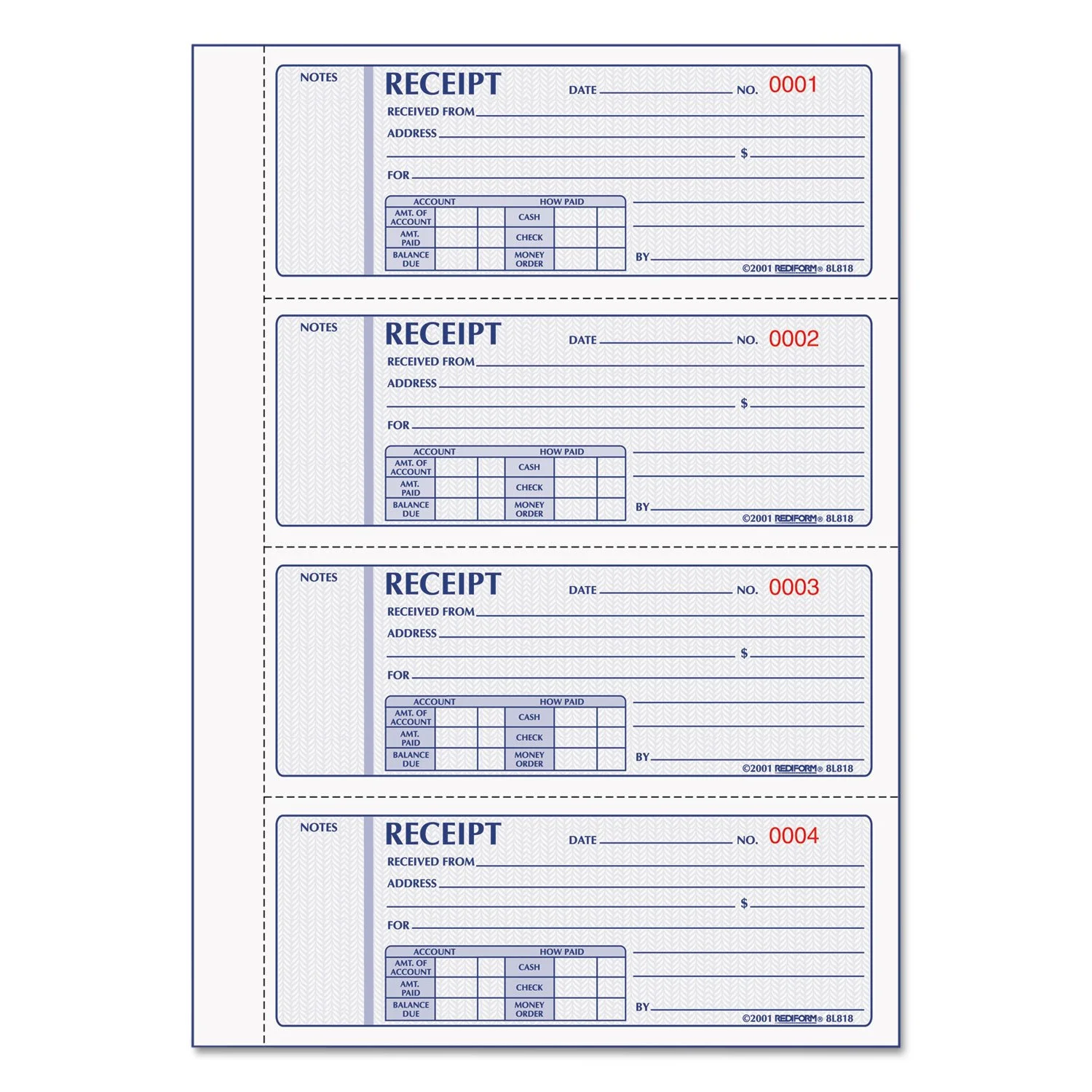 Rediform Money Receipt Book, Hardbound, 3-Part Carbonless, 2.75 x 7, 200 Forms