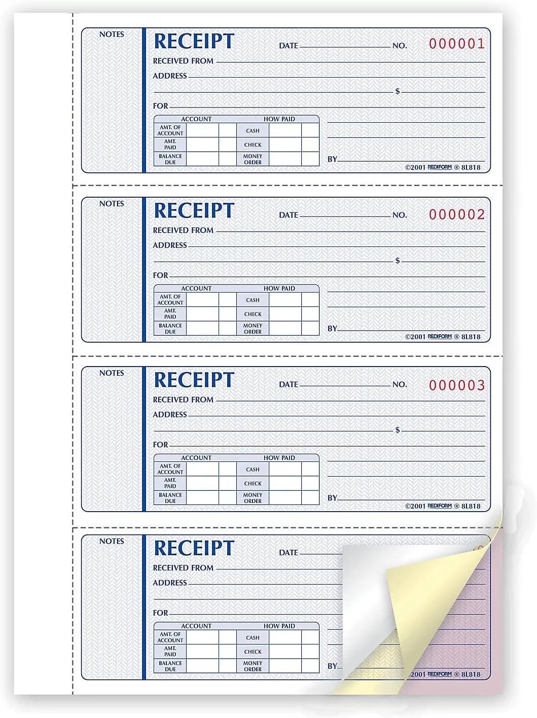 Rediform Money Receipt Book, Hardbound, 3-Part Carbonless, 2.75 x 7, 200 Forms