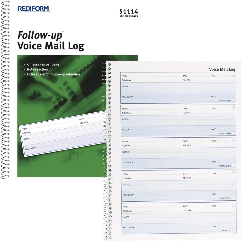 Rediform Follow-Up Voice Mail Log, Flexible Cover, Spiral Binding, 10.625" x 8", 500 Messages (51114)