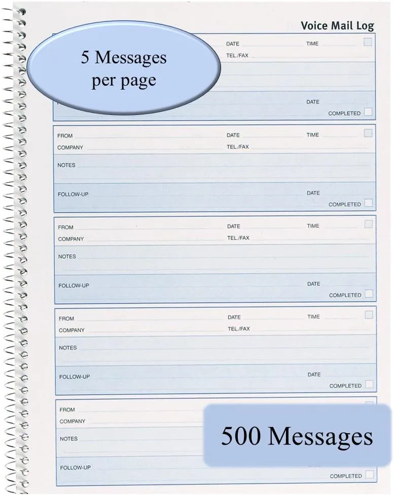 Rediform Follow-Up Voice Mail Log, Flexible Cover, Spiral Binding, 10.625" x 8", 500 Messages (51114)