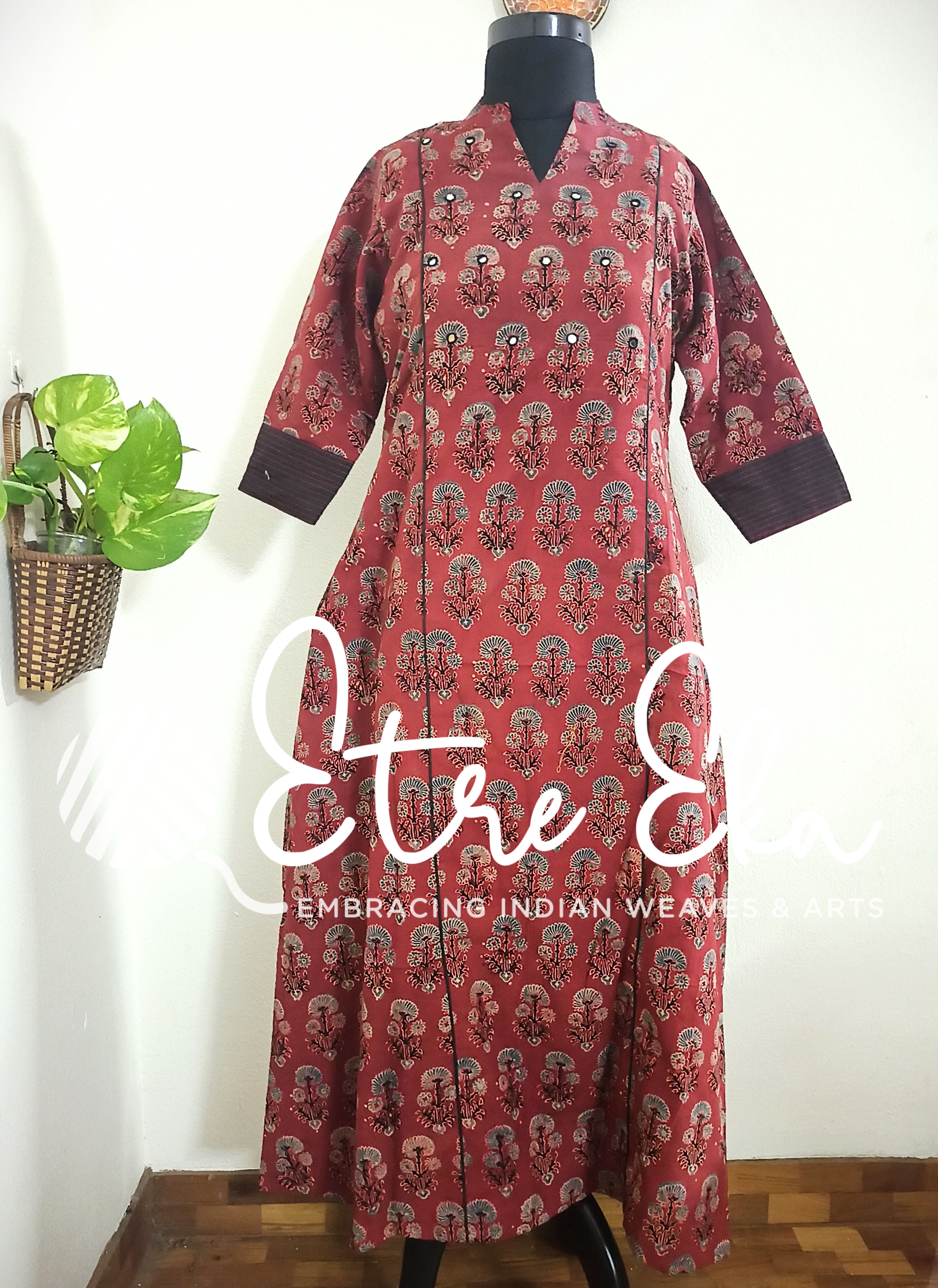 Ajrakh Hand Block Printed Mul Cotton Flared   Red Kurti with Mirror Work -Red with Floral Prints