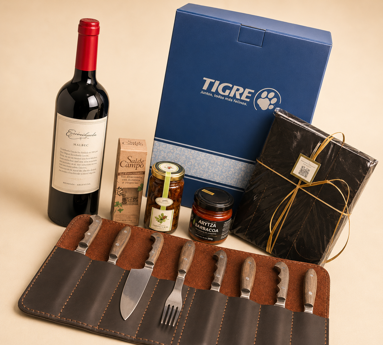 Regalo con productos gourmet y juego de cubiertos para Tigre