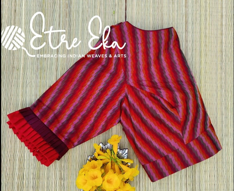 Saree Blouse .Maroon & Orange SICO blouse with Back Open and Frills on Sleeves