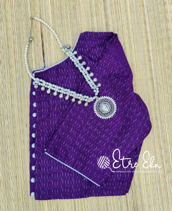 Saree Blouse.Dark Violet IKKAT Blouse with Silver Balls at Back and Piping,Back Open Pattern