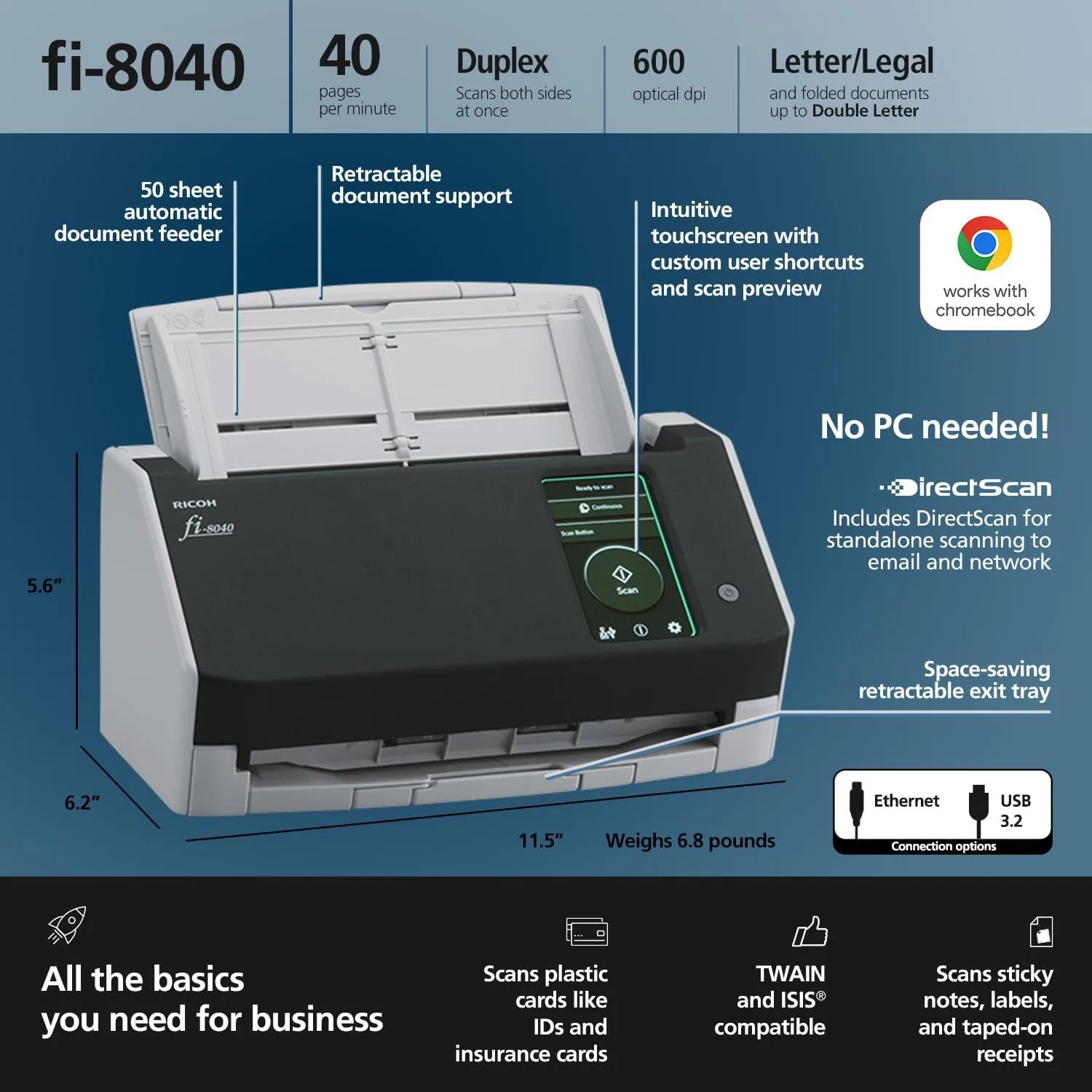 RICOH fi-8040 Document, Receipt & ID Card Scanner