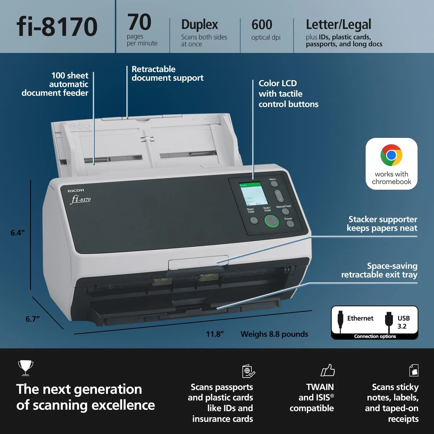 RICOH fi-8170 Professional High Speed Color Duplex Document Scanner - Network Enabled