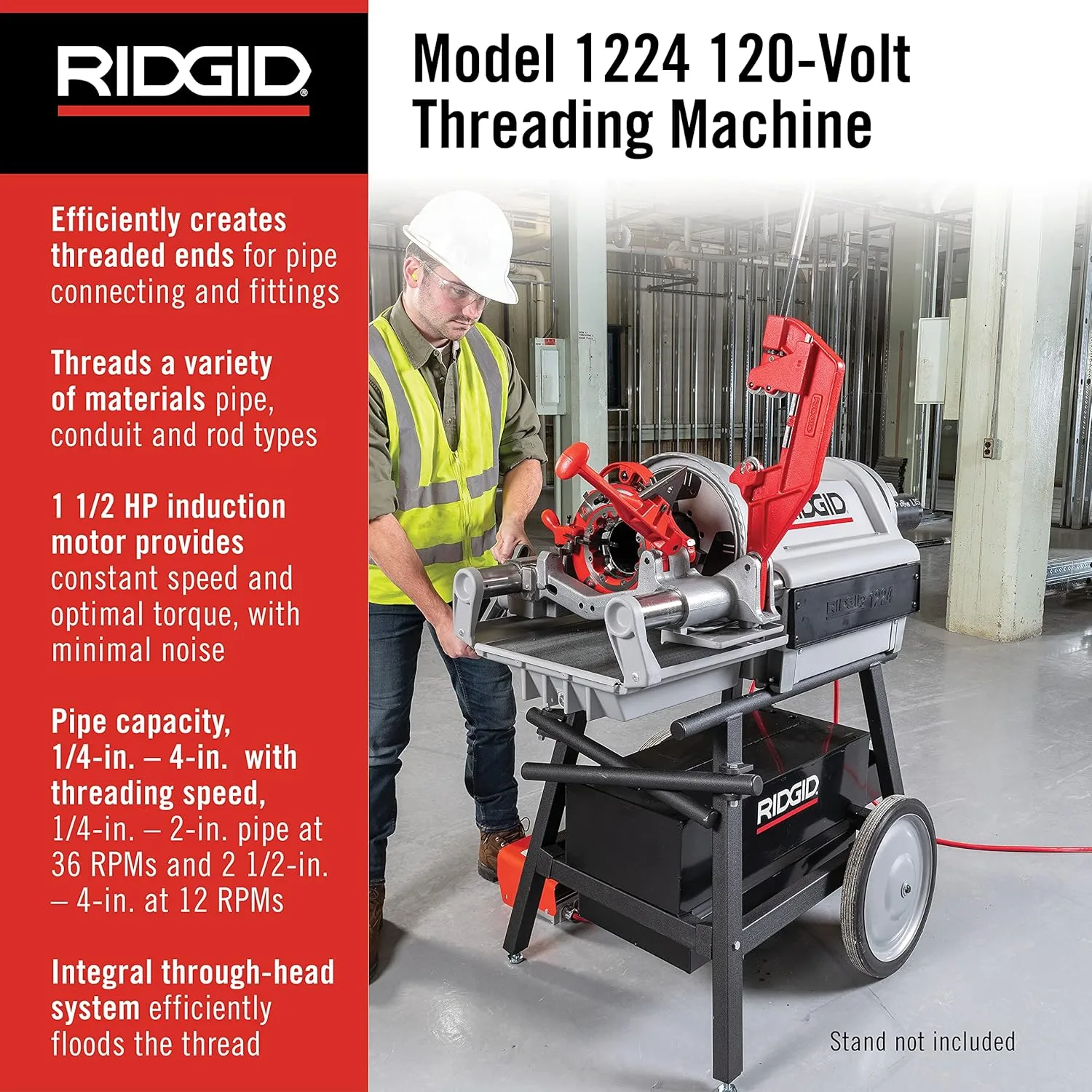 RIDGID 26092 1224 Threading Machine 120V with Hammer Chuck, 1/4"–4" Capacity, Silver/Red