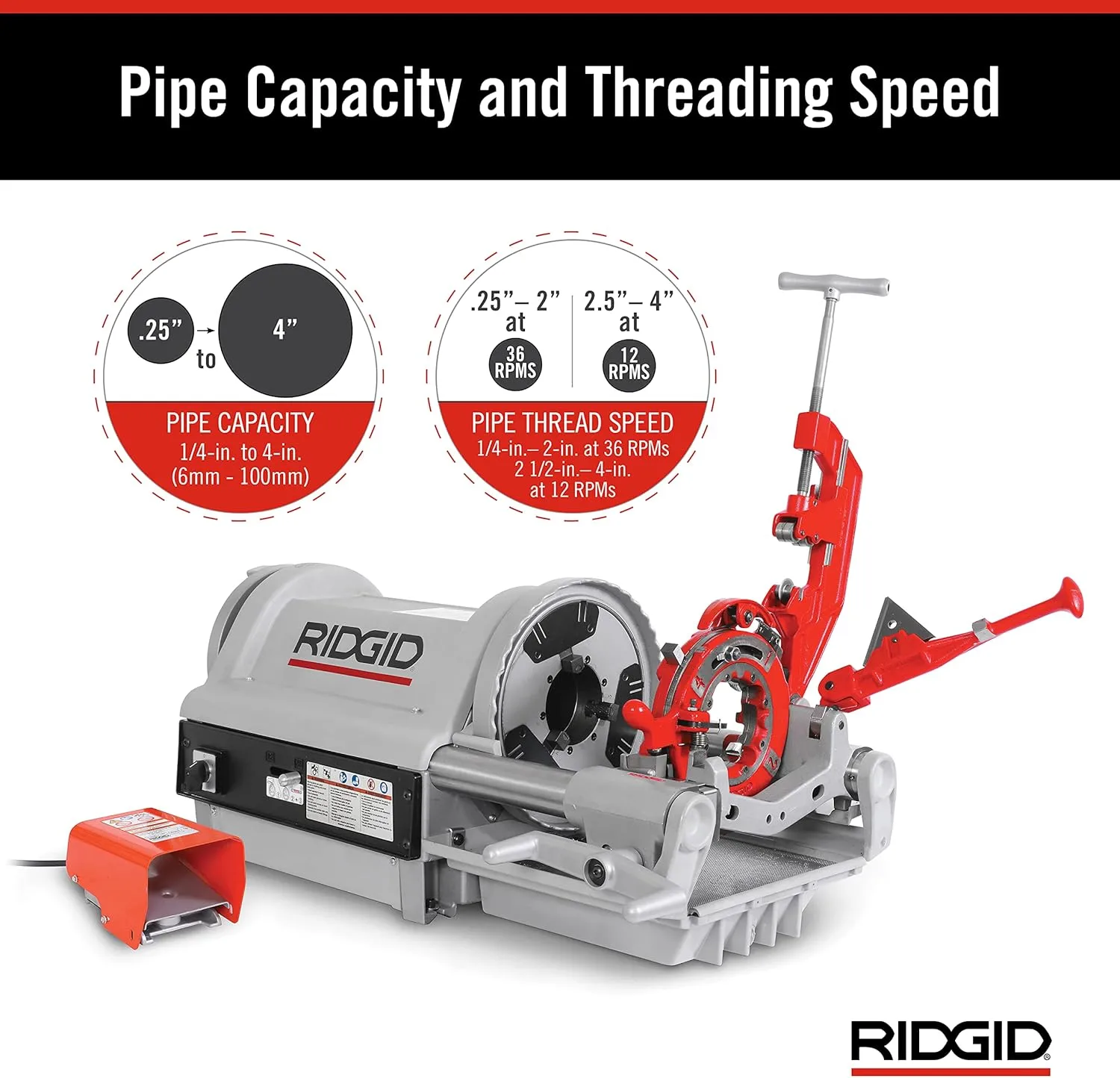 RIDGID 26092 1224 Threading Machine 120V with Hammer Chuck, 1/4"–4" Capacity, Silver/Red