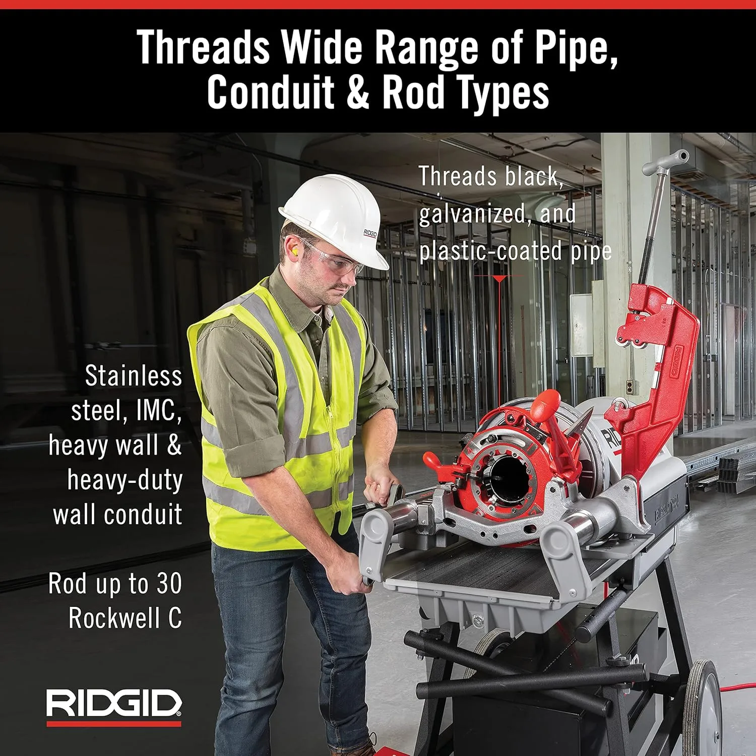 RIDGID 26092 1224 Threading Machine 120V with Hammer Chuck, 1/4"–4" Capacity, Silver/Red