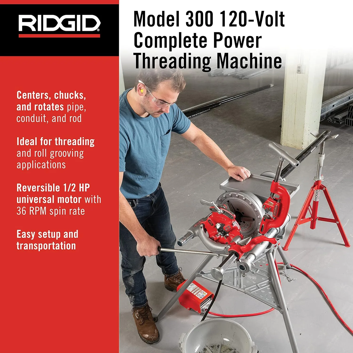 RIDGID 15682 Model 300 Power Drive Complete, 38 RPM Pipe Threading Machine and 1/2-Inch to 3/4-Inch & 31105 Model 824
