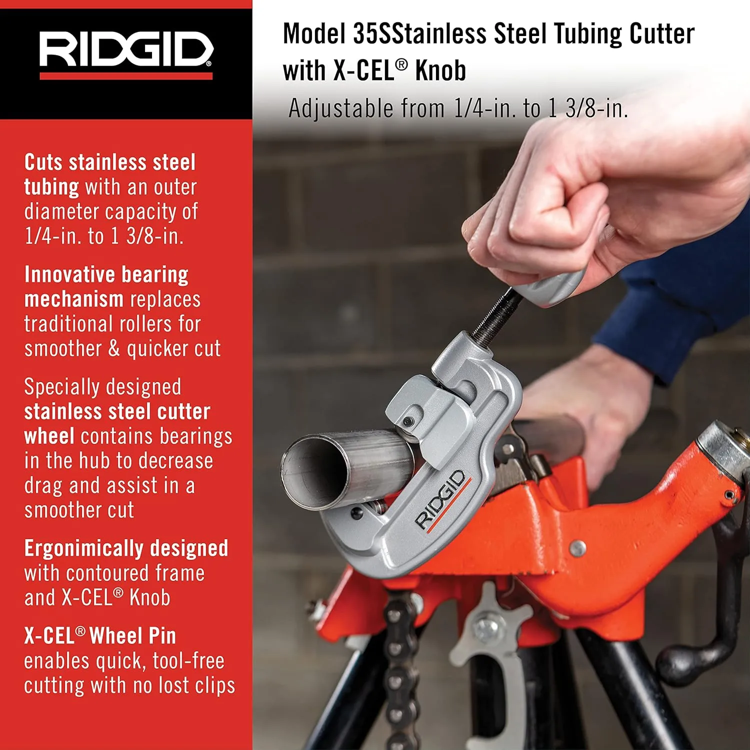 RIDGID 29963 Model 35S 1/4" to 1-3/8" Stainless Steel Tubing Cutter with X-CEL Knob, Silver Small Cutter+ Tube Cutter