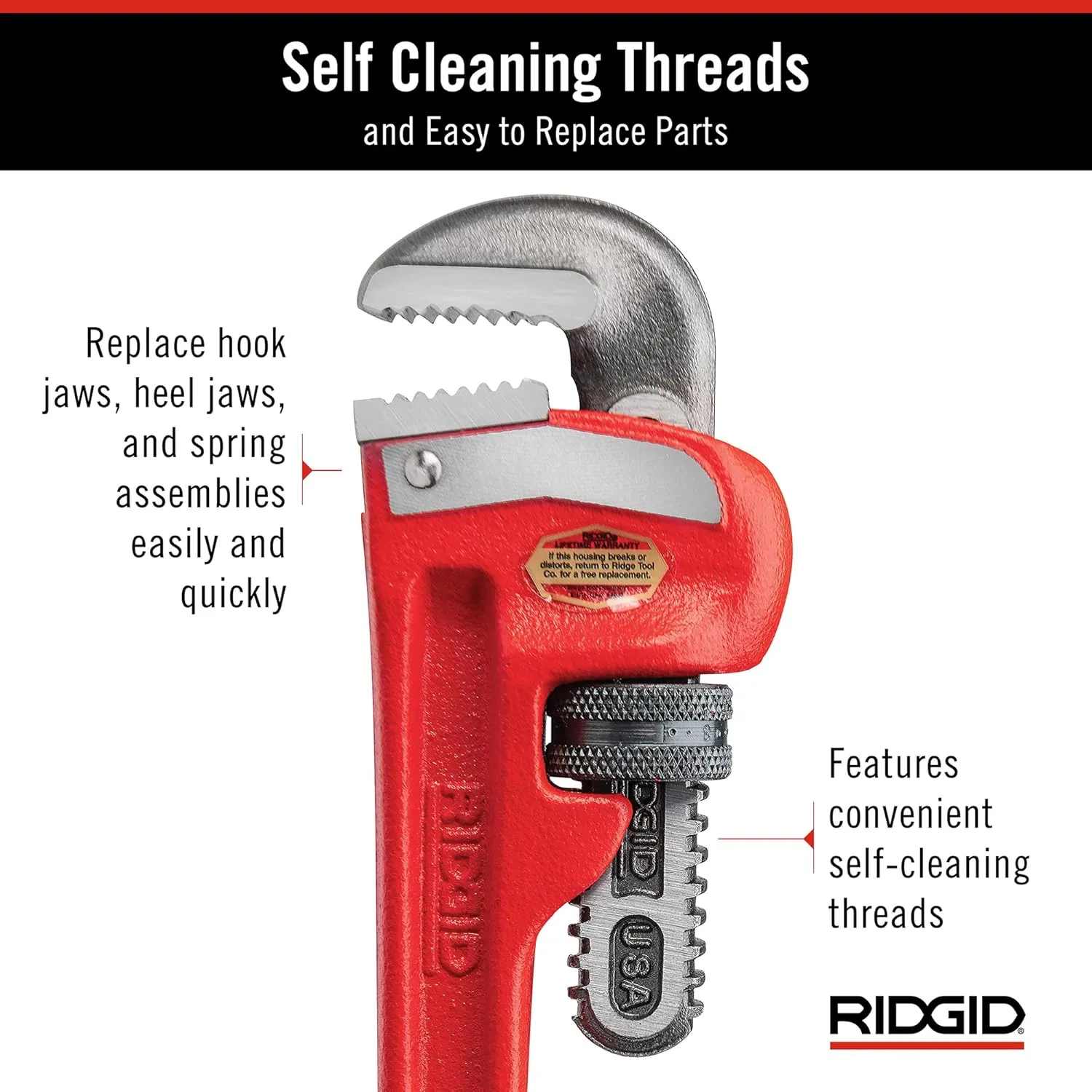 RIDGID 31005 Model 8 Heavy-Duty Straight Pipe Wrench, 8-inch Plumbing Wrench, Small, Red