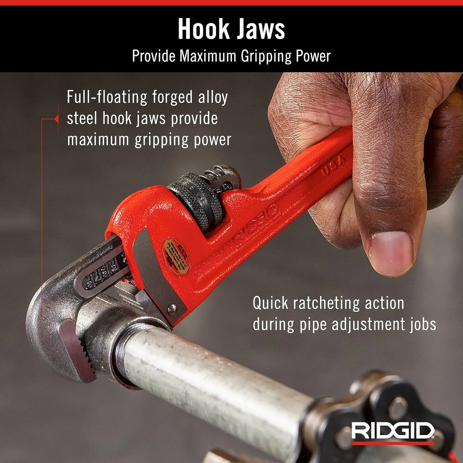 RIDGID 31005 Model 8 Heavy-Duty Straight Pipe Wrench, 8-inch Plumbing Wrench, Small, Red