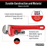 RIDGID 31005 Model 8 Heavy-Duty Straight Pipe Wrench, 8-inch Plumbing Wrench, Small, Red