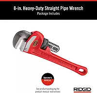 RIDGID 31005 Model 8 Heavy-Duty Straight Pipe Wrench, 8-inch Plumbing Wrench, Small, Red