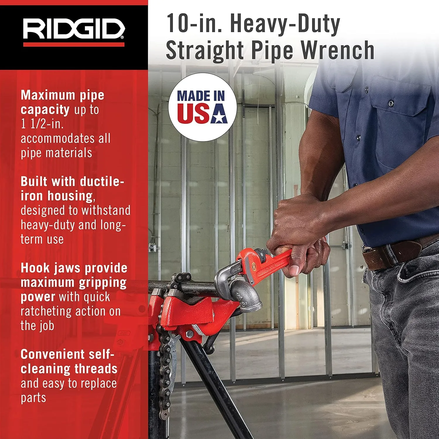 RIDGID 31010 Model 10 Heavy-Duty Straight Pipe Wrench, 10-inch Plumbing Wrench, Red, Black