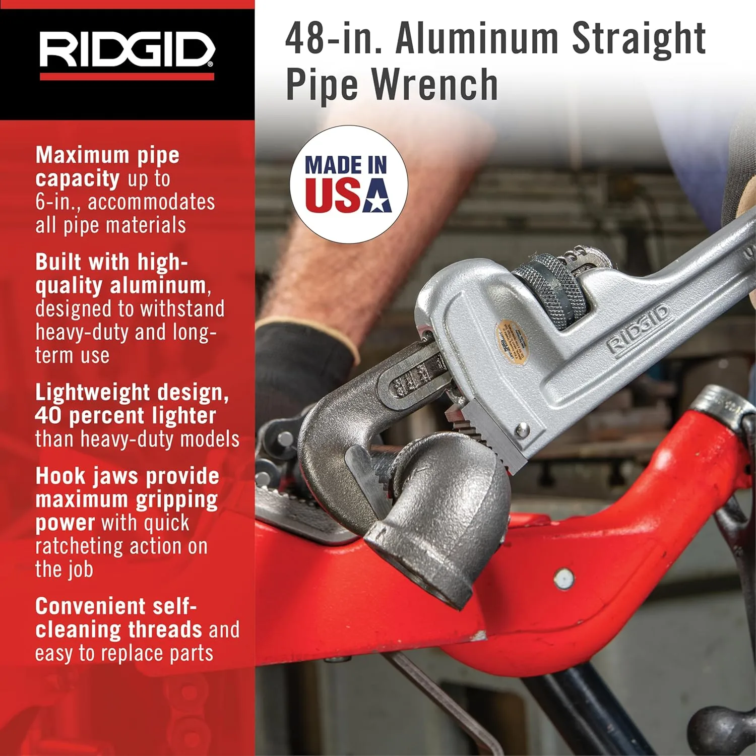 RIDGID 31115 Model 848 Aluminum Straight Pipe Wrench, 48-inch Plumbing Wrench