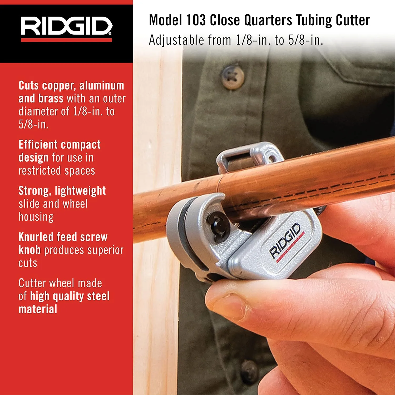 RIDGID 32975 Model 103 Close Quarters Tubing Cutter, 1/8-inch to 5/8-inch Tube Cutter , Silver , Small Small Cutter