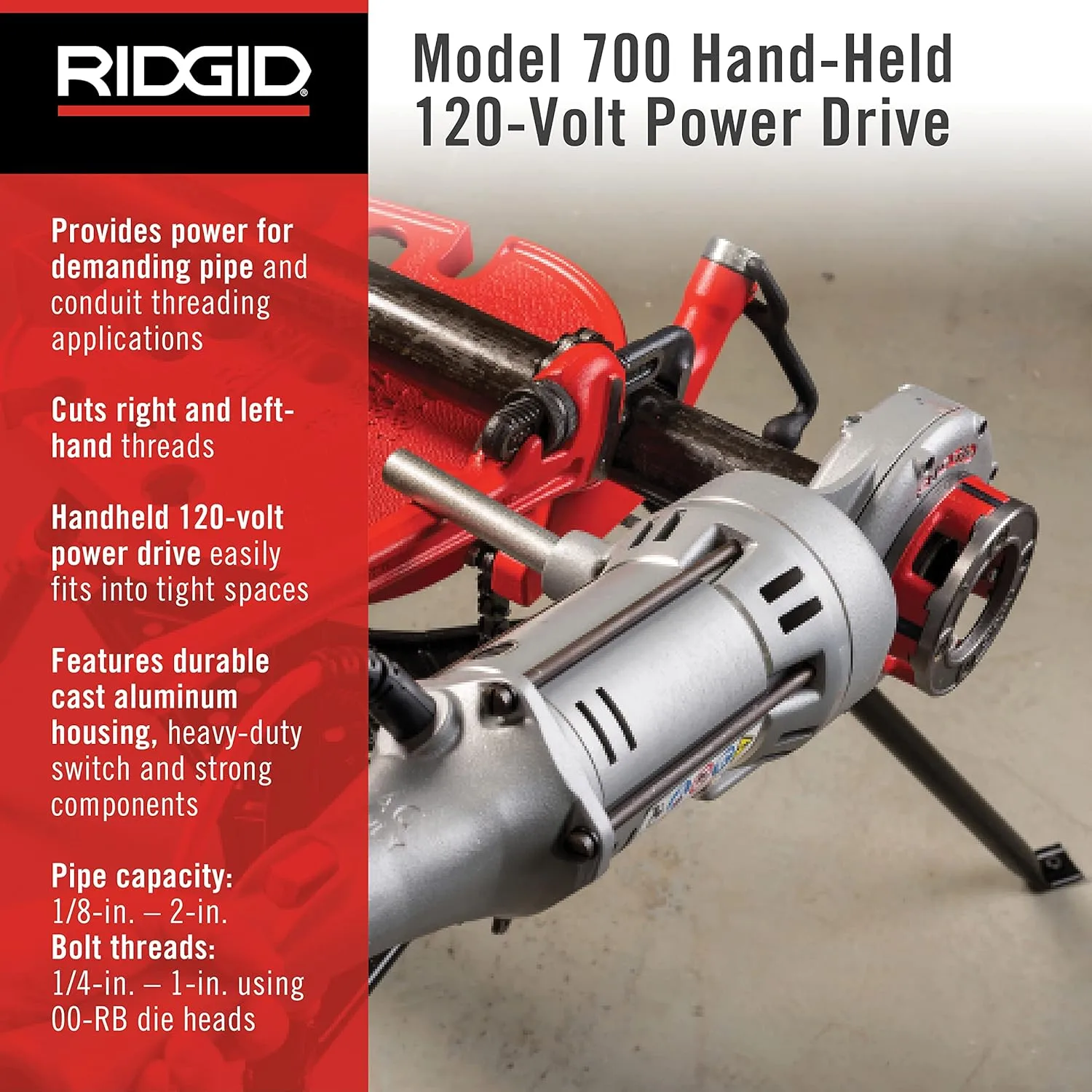 RIDGID 41935 Model 700 Hand-Held 120-Volt Power Drive, Silver & 36475 Model 12-R Exposed Ratchet Pipe Threader Set