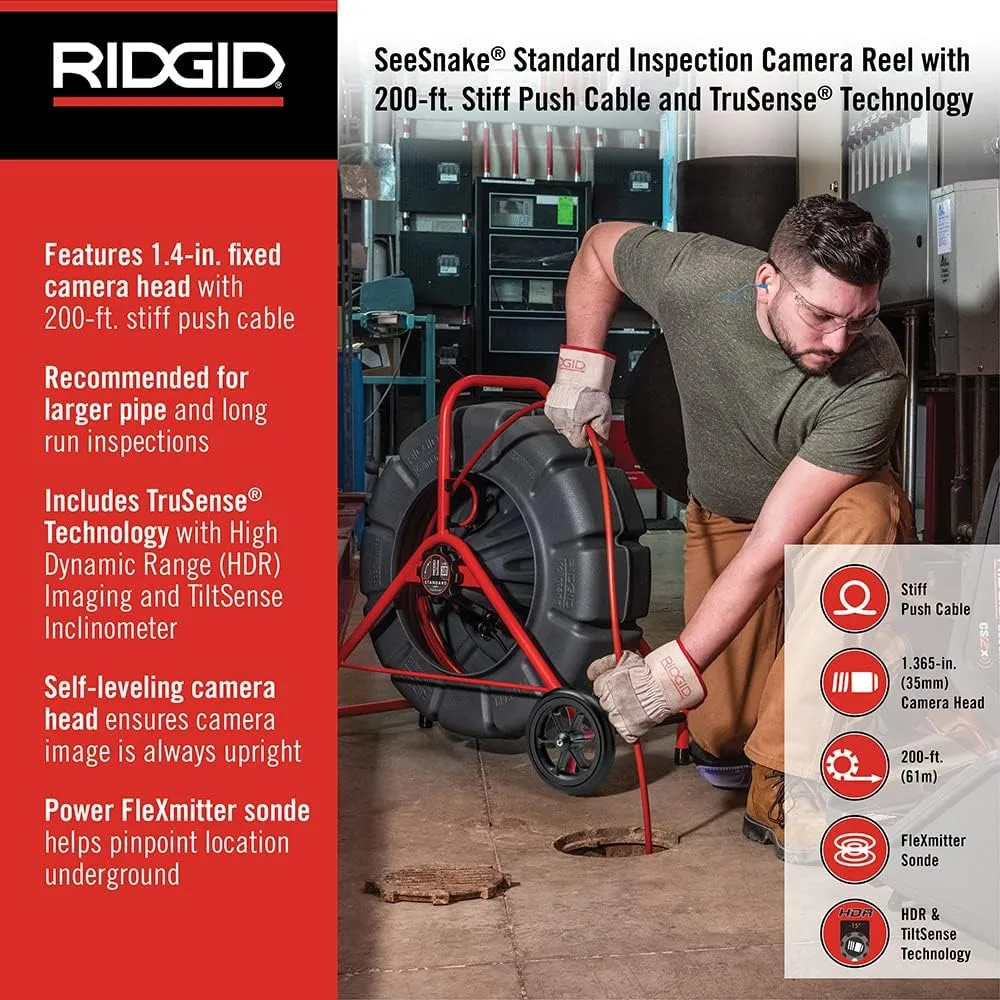 RIDGID 63603 200' Standard SeeSnake Self Leveling TruSense Sewer Camera Reel, Sewer Inspection