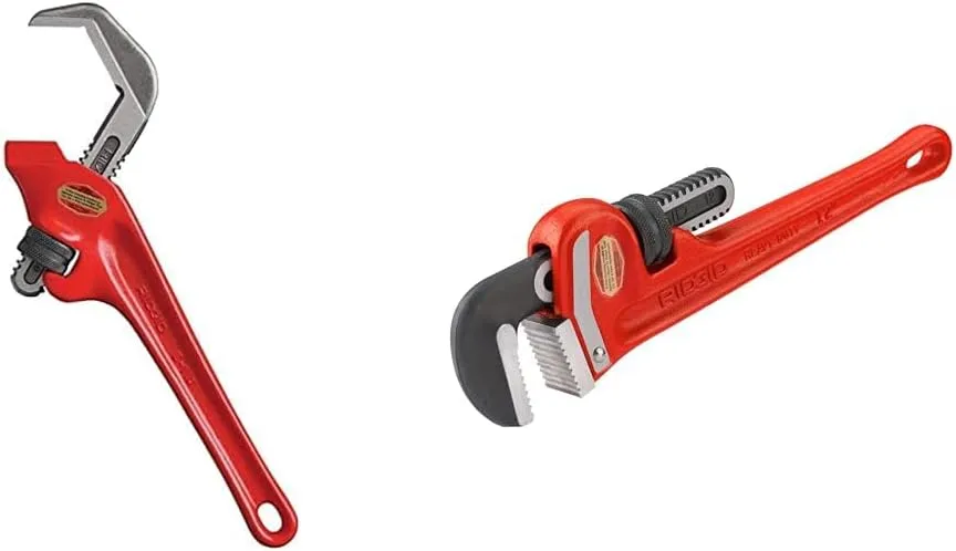 RIDGID 31305 Model E-110 9.5" Offset Hex Jaw Pipe Wrench, Red, Made in The USA & 31015 Heavy-Duty Straight Pipe Wrench