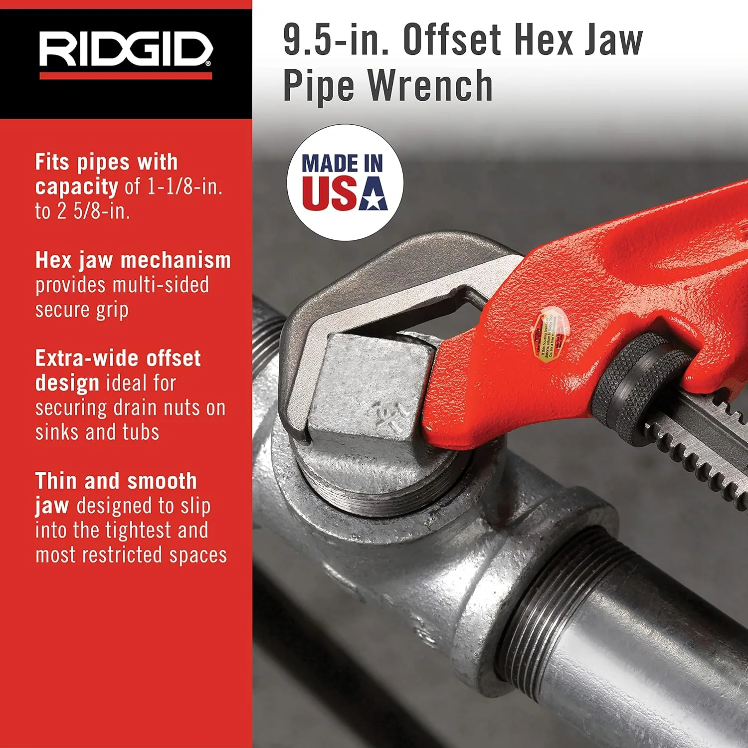RIDGID 31305 Model E-110 9.5" Offset Hex Jaw Pipe Wrench, Red, Made in The USA & 31015 Heavy-Duty Straight Pipe Wrench