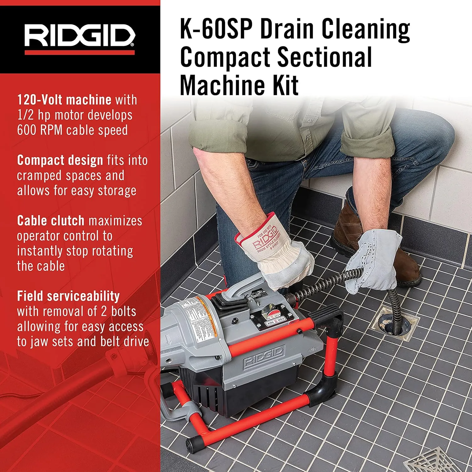 RIDGID K-60SP Drain Cleaner Bundle with C-10 Cable K-60SP Compact + 7/8' K60 Cable Kit