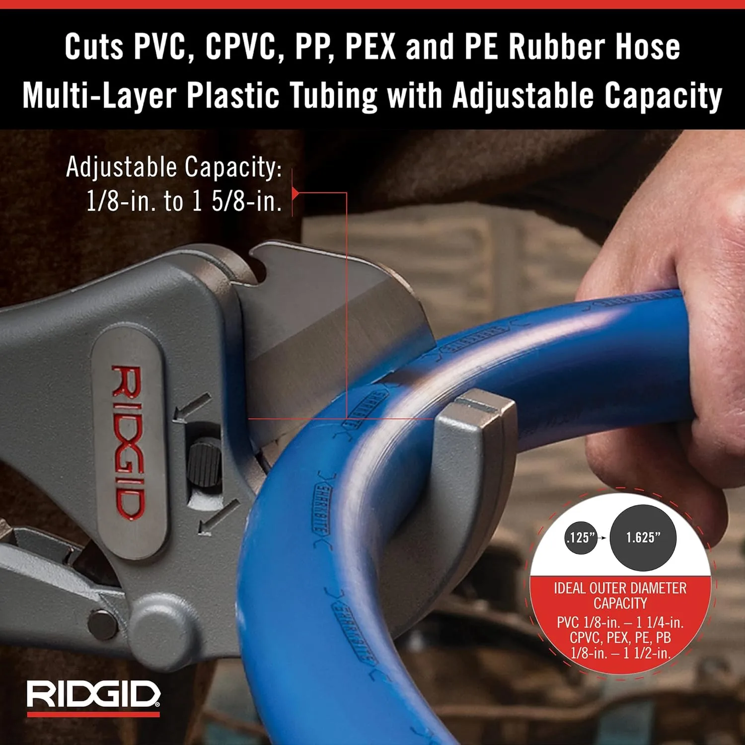 RIDGID 23498 Model RC-1625 Aluminum Ratchet Action 1/8" to 1-5/8" Plastic Pipe And Tubing Cutter, Silver, Small