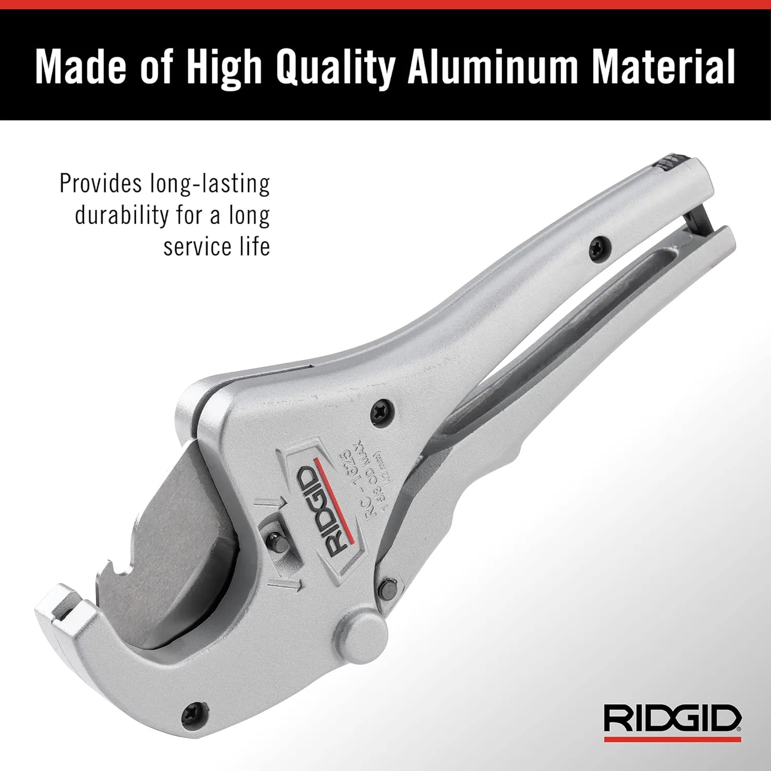 RIDGID 23498 Model RC-1625 Aluminum Ratchet Action 1/8" to 1-5/8" Plastic Pipe And Tubing Cutter, Silver, Small