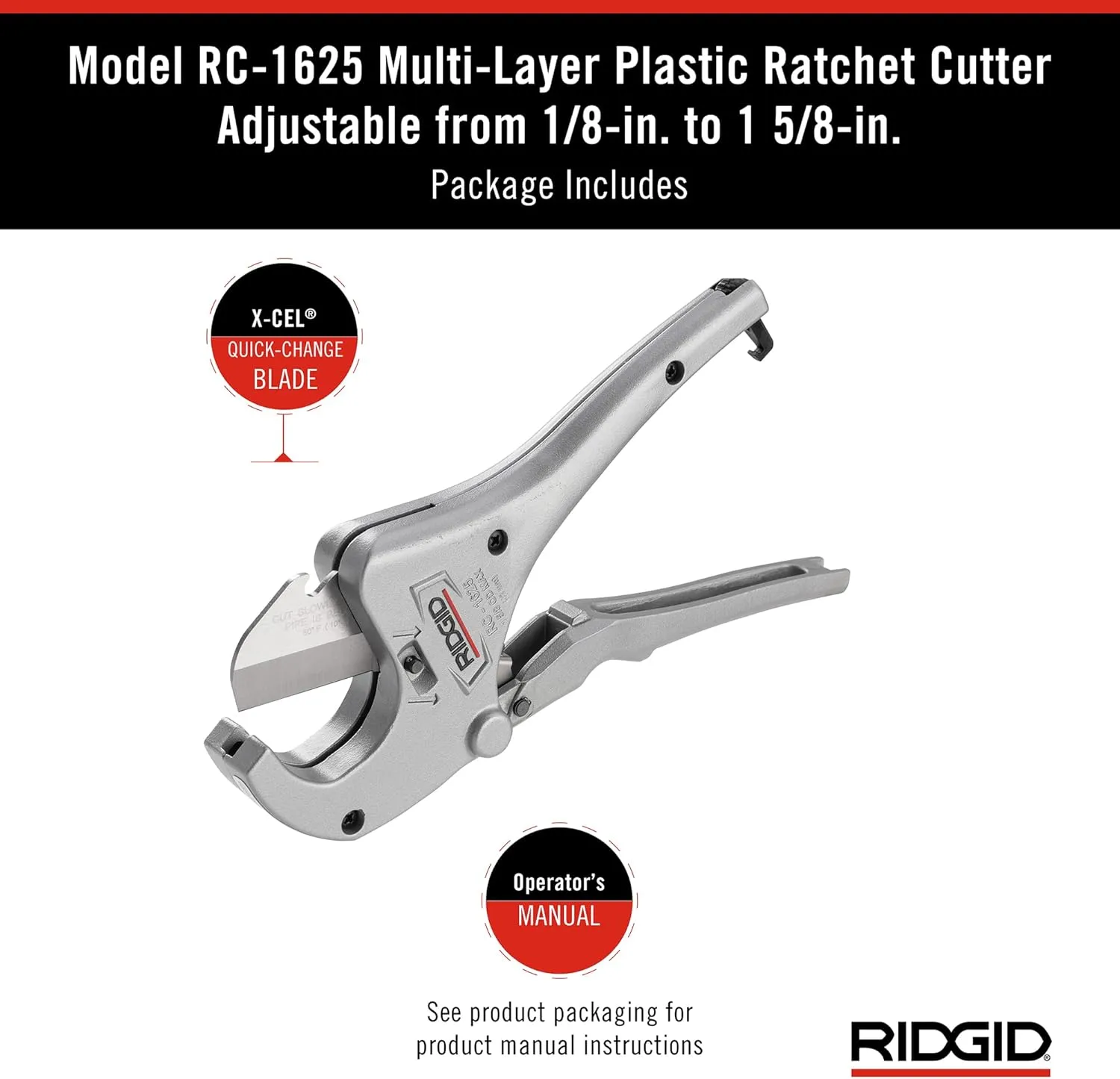 RIDGID 23498 Model RC-1625 Aluminum Ratchet Action 1/8" to 1-5/8" Plastic Pipe And Tubing Cutter, Silver, Small