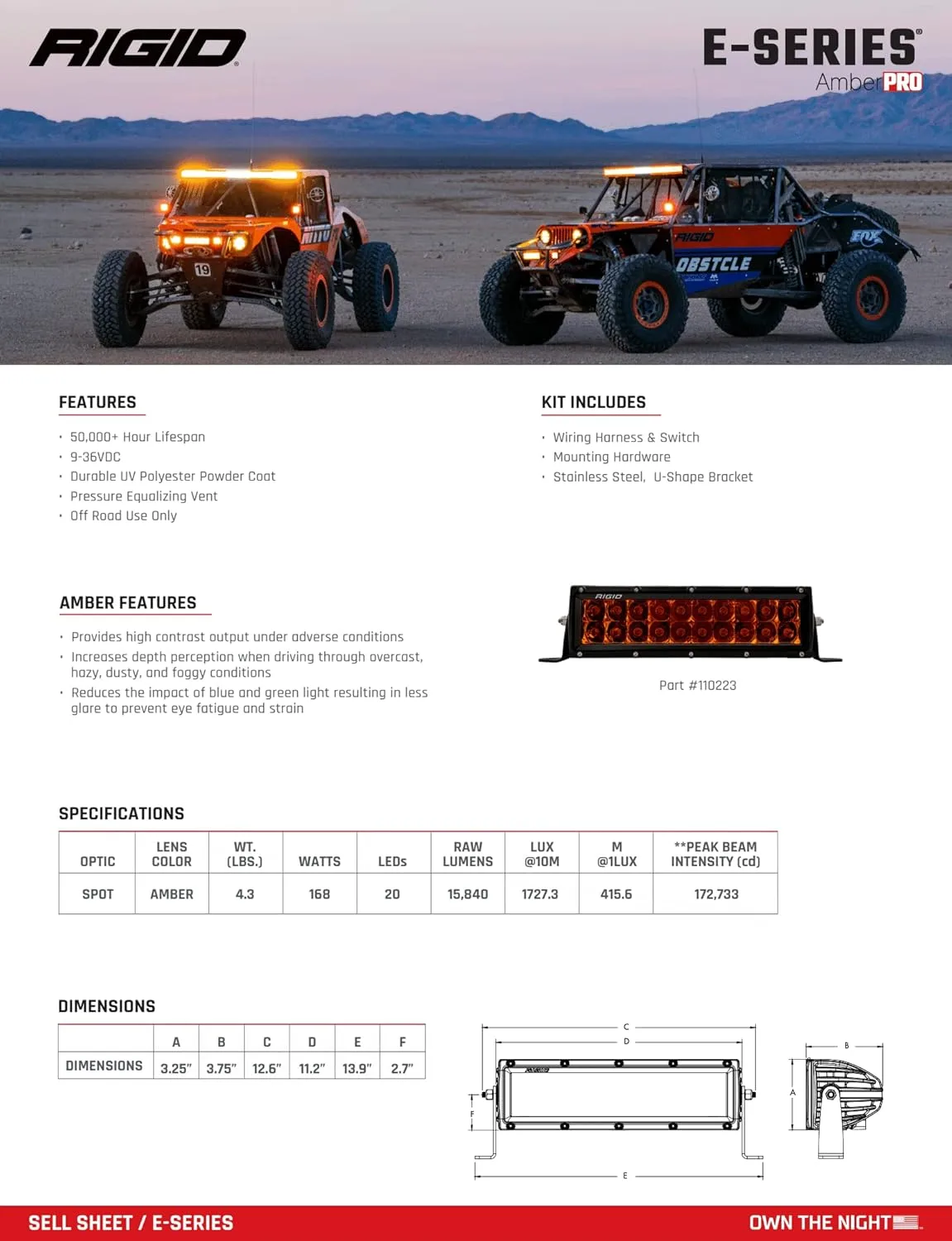 RIGID INDUSTRIES 110223-E-Series 10 inch Spot Beam with Amber PRO Lens
