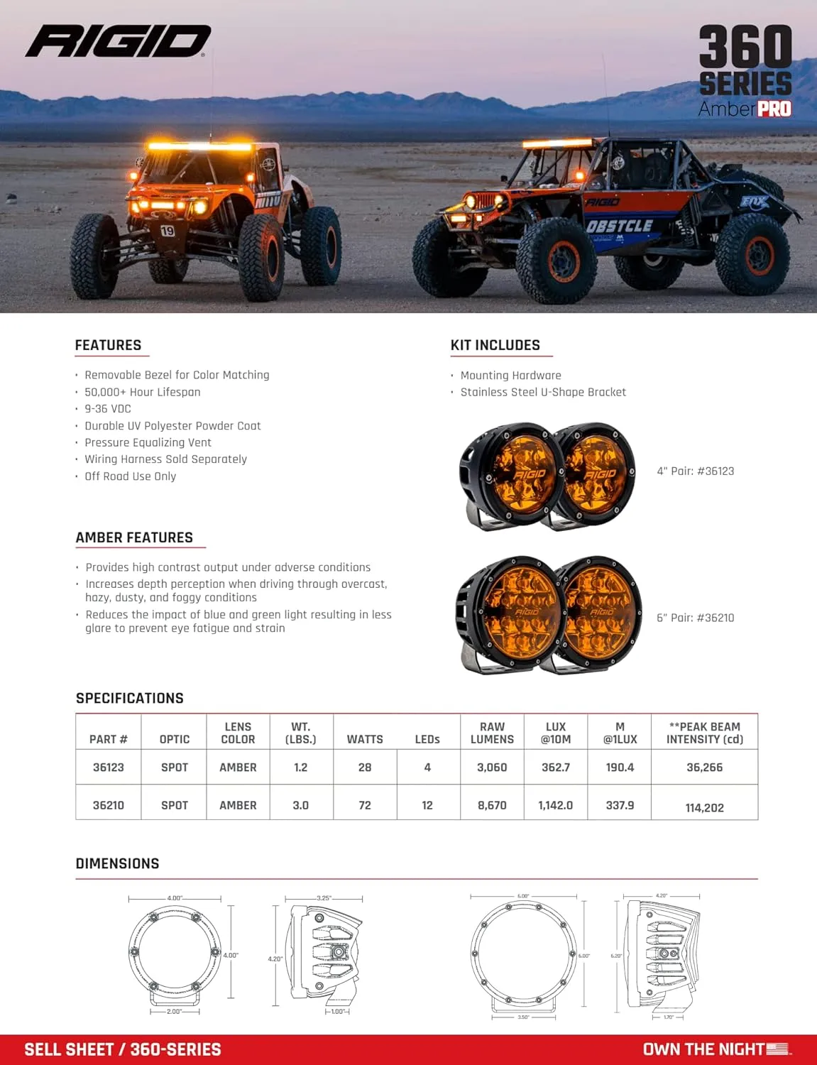 RIGID INDUSTRIES 36210-360-Series 6 Inch Spot Optic with Amber PRO Lens and Back Lighting | Pair