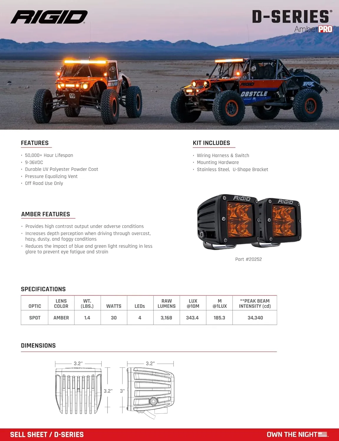 RIGID INDUSTRIES 20252 D-Series Spot with Amber PRO Lens - Pair