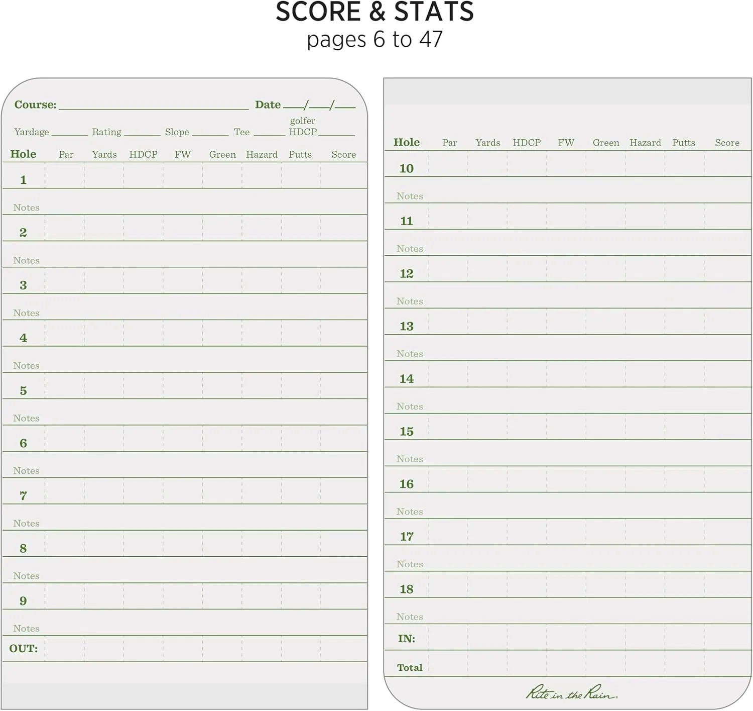 Rite in the Rain All-Weather Golf Notebook, 3.5" x 6", Green Field Flex (No. 4)