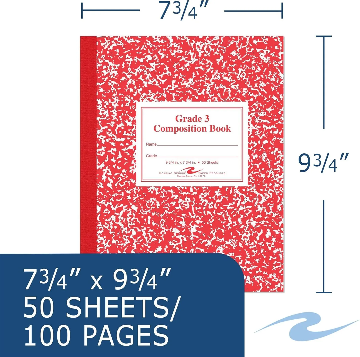 Roaring Spring Paper Products Composition Book, Grade 3 Ruled, 50 Sheets, 9.75 x 7.75 in, Red Marble