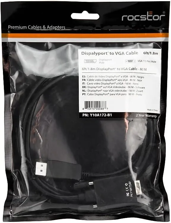 Rocstor Premium 6 Ft Displayport to VGA Cable M/Displayport to VGA Supporting 1920x1200 1080P at 60Hz - DP/VGA Cable