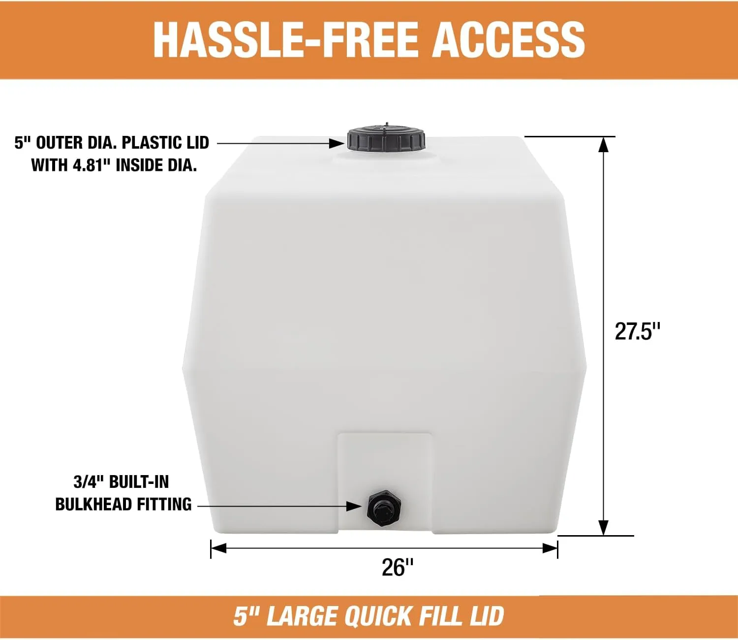 RomoTech 82123929 Horizontal Square Reservoir Water Tank, 100 Gallon, UV-Resistant, White