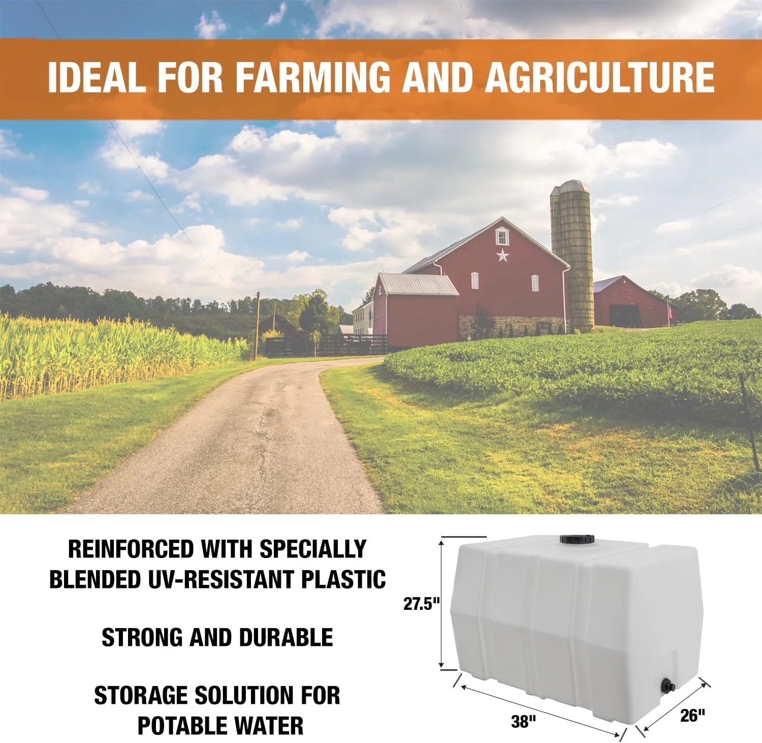 RomoTech 82123929 Horizontal Square Reservoir Water Tank, 100 Gallon, UV-Resistant, White