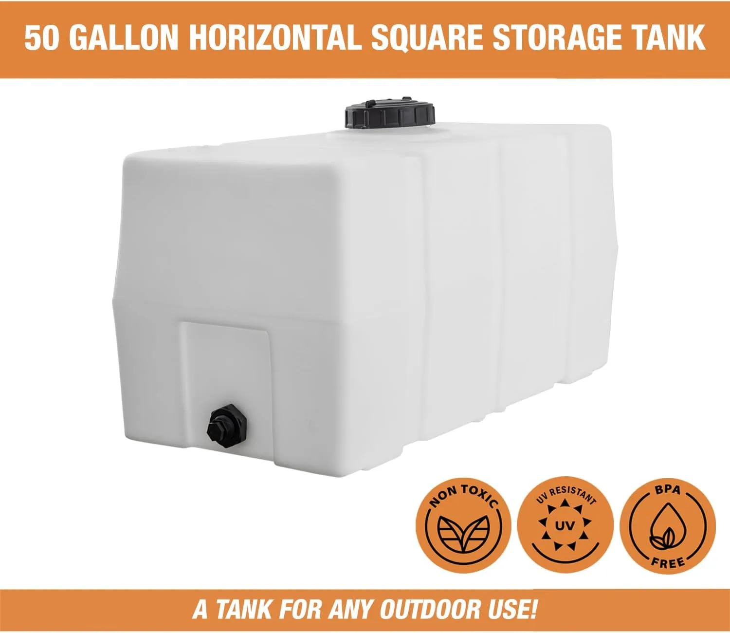 RomoTech 82123919 Horizontal Square Reservoir Water Tank - 50 Gallon, UV-Resistant, Natural Poly