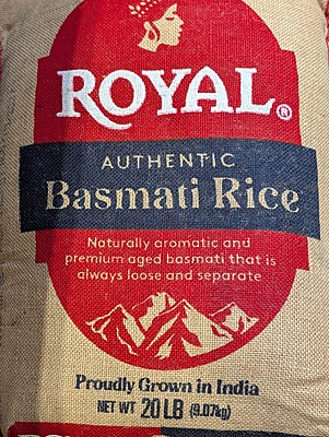 20lb bag of Royal Basmati Rice, naturally aged and sourced from the Himalayan foothills.