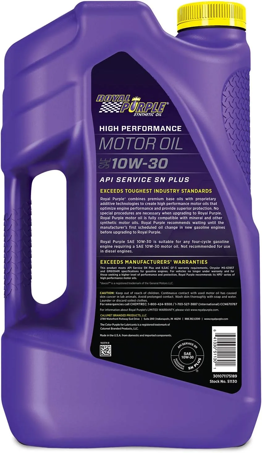 Royal Purple 10W-30 High Performance Synthetic Motor Oil - 5 qt, Model 51130