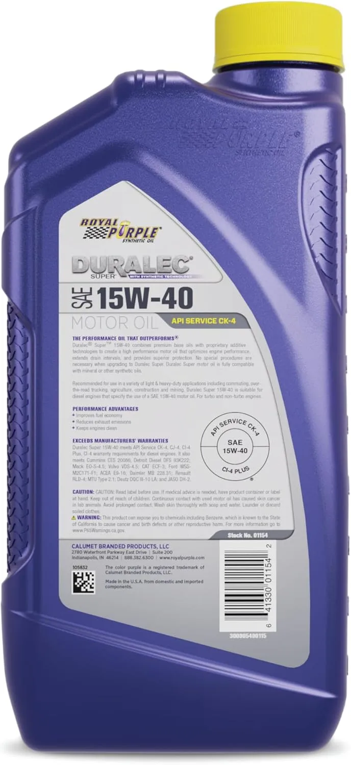 Royal Purple 01154 API-Licensed SAE 15W-40 High Performance Synthetic Motor Oil - 1 Quart Bottle