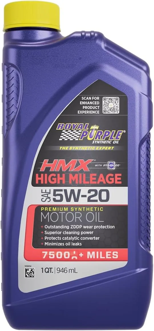 Royal Purple HMX w/Synerlec | High Mileage SAE 5W-20 Premium Synthetic Motor Oil |1 Quart | SKU: 17511