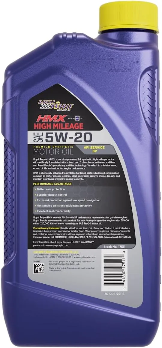 Royal Purple HMX w/Synerlec | High Mileage SAE 5W-20 Premium Synthetic Motor Oil |1 Quart | SKU: 17511