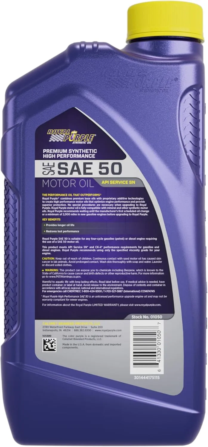 Royal Purple 01050 SAE 50 Heavy Duty High Performance Synthetic Motor Oil - 1 Quart Bottle